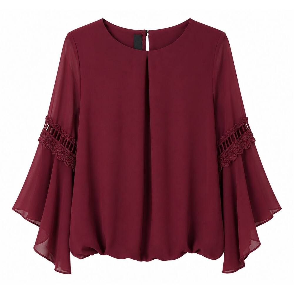 Women’s Burgundy Chiffon Blouse Elegant Flare Sleeve 90s Dressy Medium WOMAN M